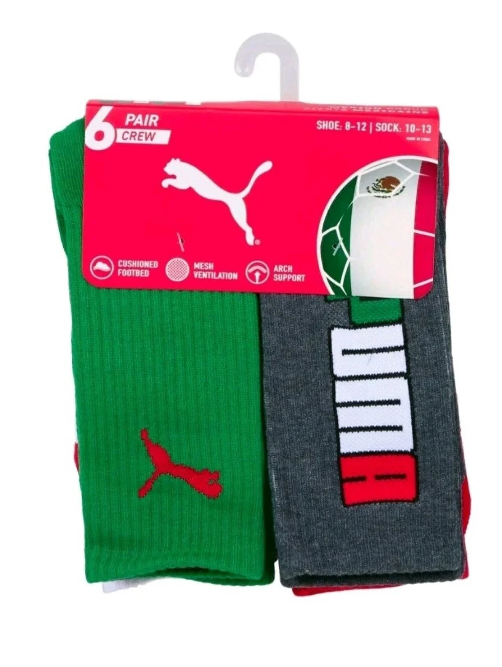 PUMA: MEN'S: (6) PACK: MEXICO: CREW SOCKS: SOCCER: SIZE: 10-12: BRAND NEW
